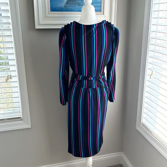 Vintage Sally Petite 80s Longsleeve Black Fit Flare Tie Chevron Striped Dress - Picture 8 of 16
